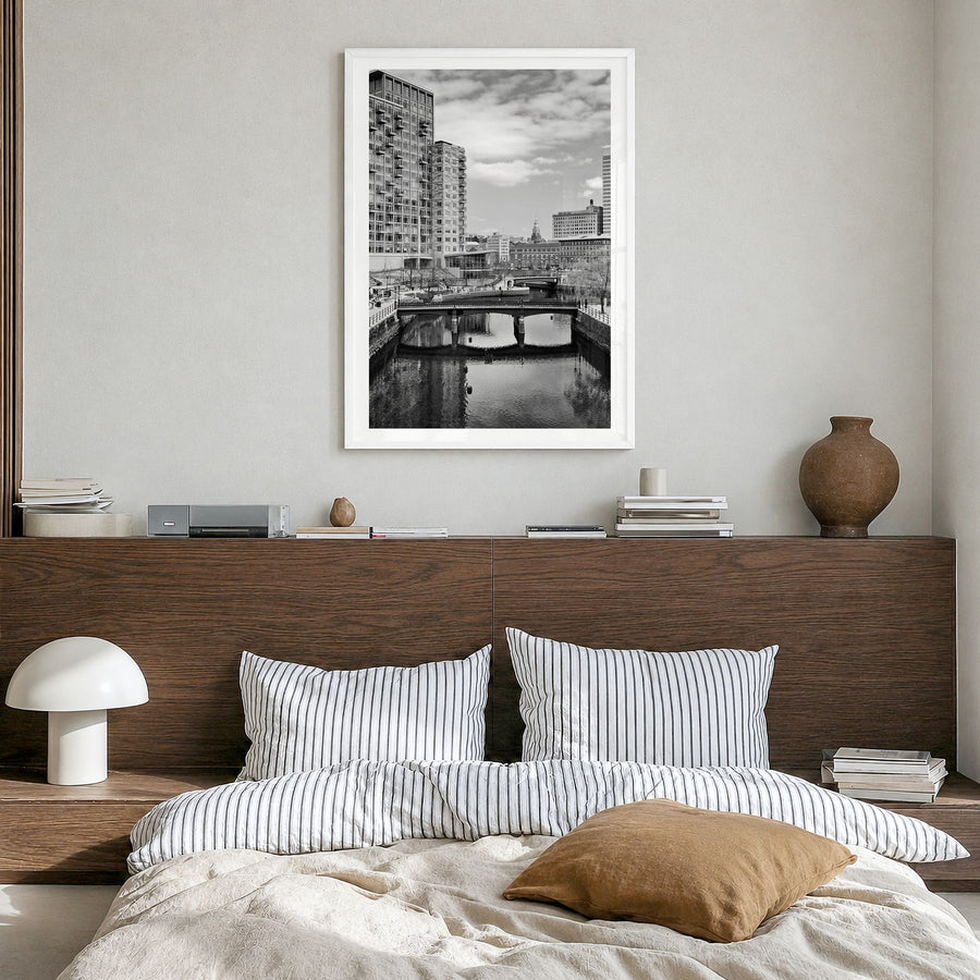 Providence Photo Poster in a white wood frame, hanging in a bedroom, white border