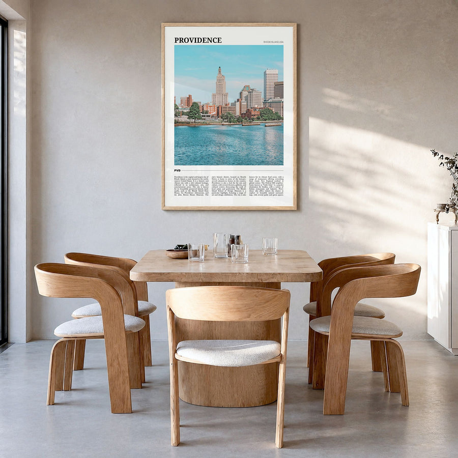 Providence Travel Poster in a natural wood frame, hanging in a dining room