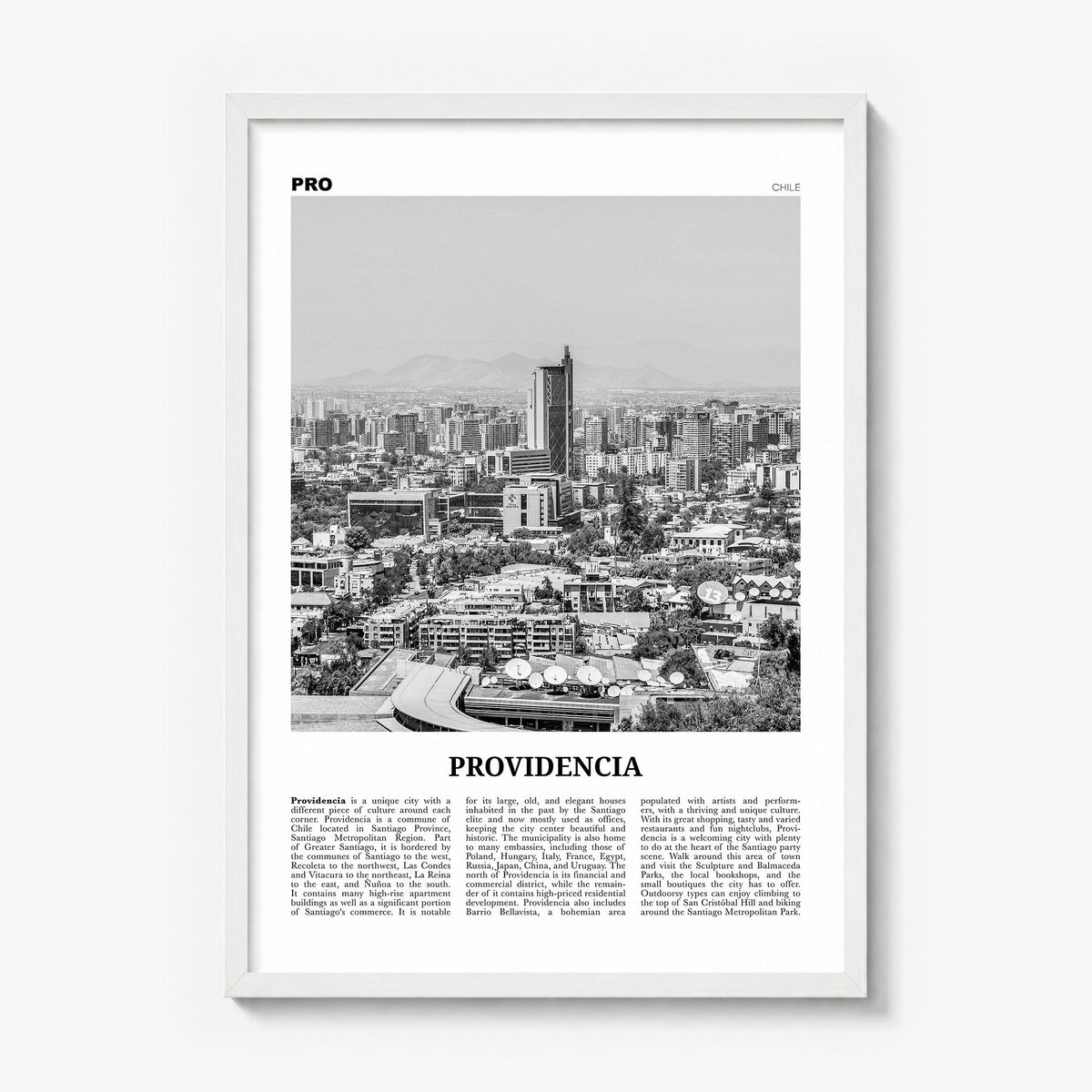 Providencia Newspaper Poster in a white wood frame