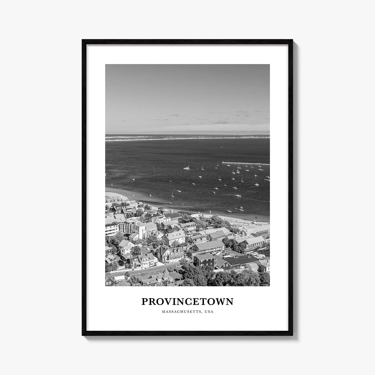 Provincetown black & white classic poster of Massachusetts, USA – vertical wall art, unframed print shown in interior mockup