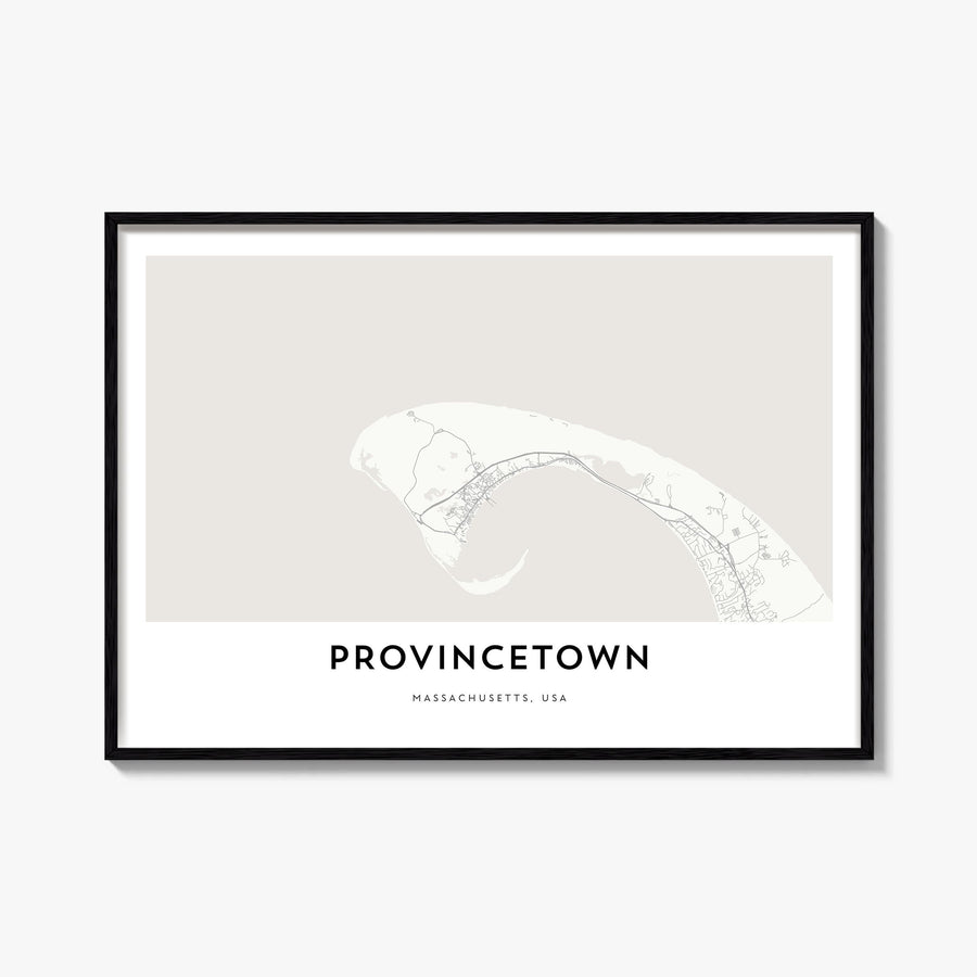 Provincetown black & white map poster of Massachusetts, USA – horizontal wall art, unframed print shown in interior mockup
