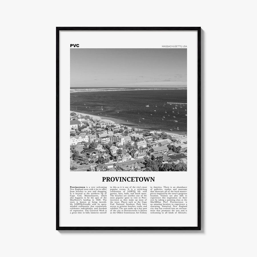 Provincetown black & white newspaper poster of Massachusetts, USA – vertical wall art, unframed print shown in interior mocku