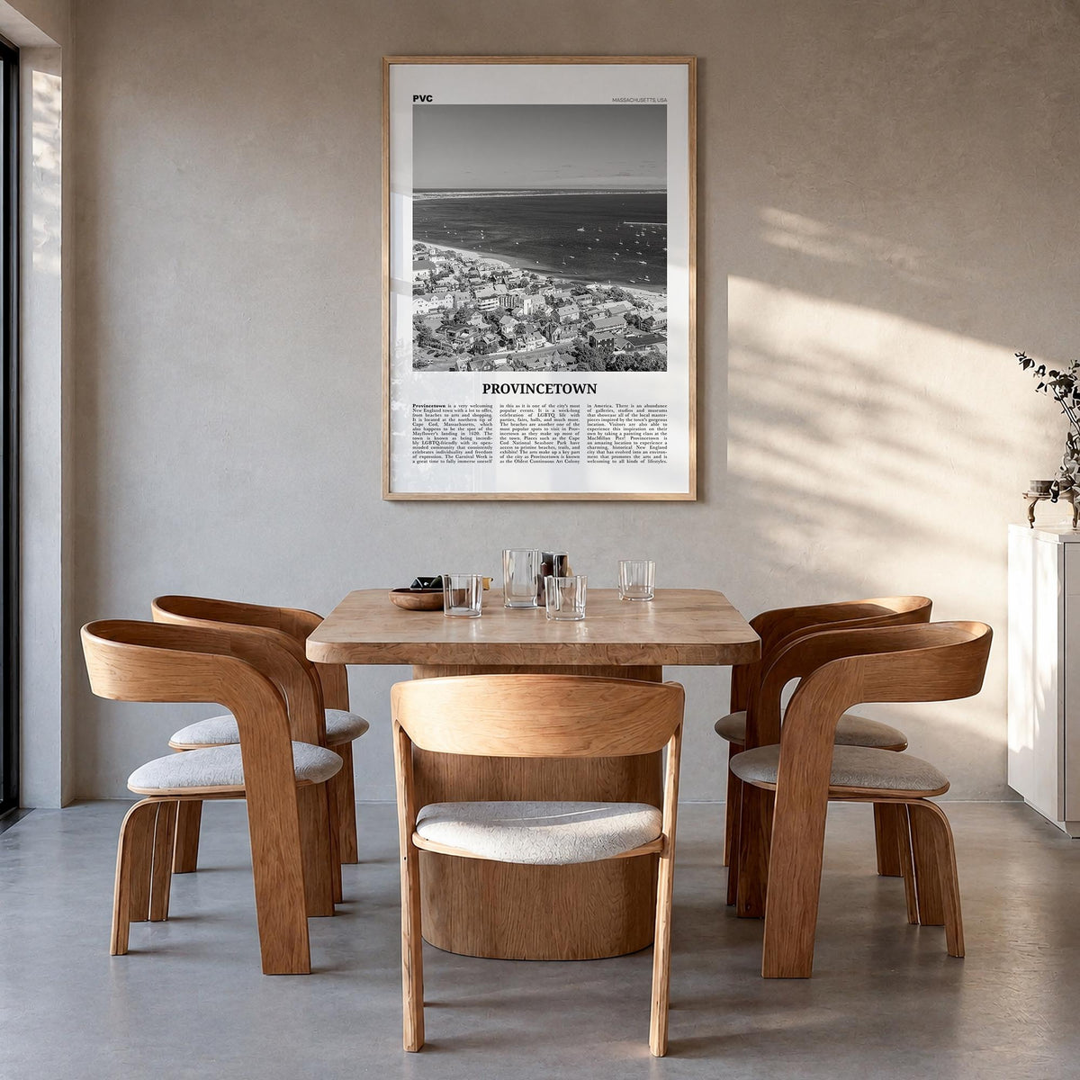 Provincetown black & white newspaper poster of Massachusetts, USA – vertical wall art in natural wood frame, hanging on wall