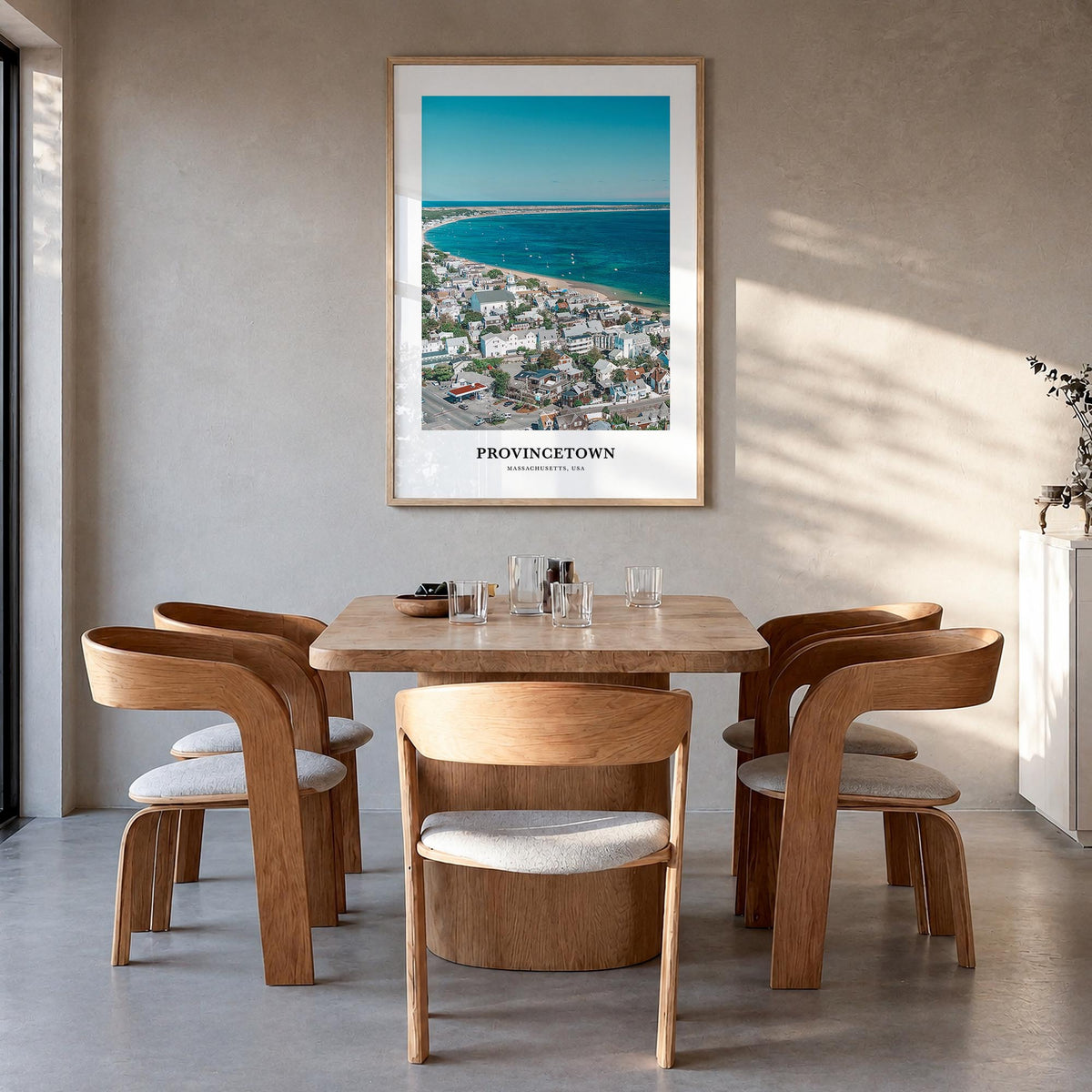 Provincetown colorful classic poster of Massachusetts, USA – vertical wall art in natural wood frame, hanging on wall