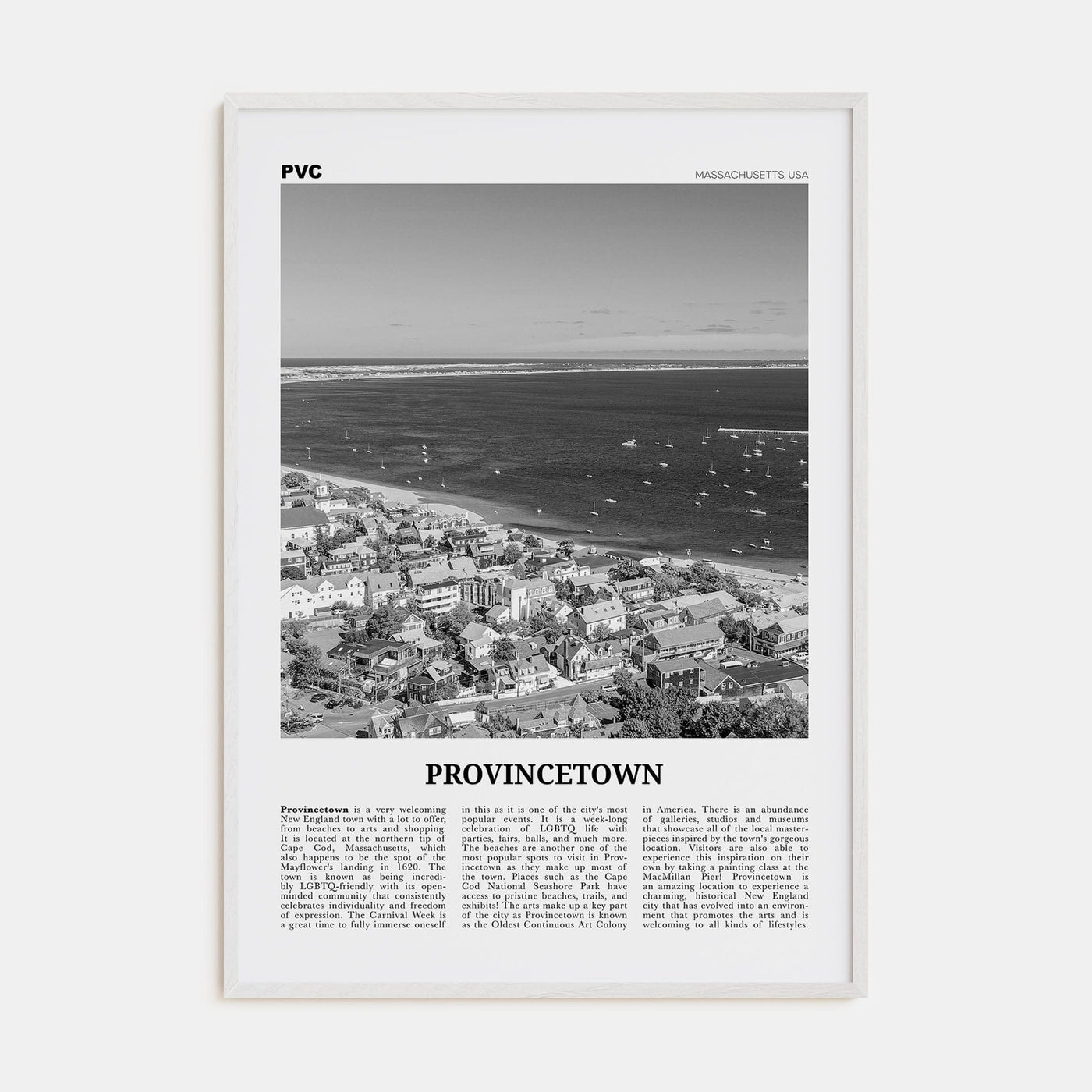 Provincetown Poster White Wood / 8x12 in Nbourhood Travel B&W Poster