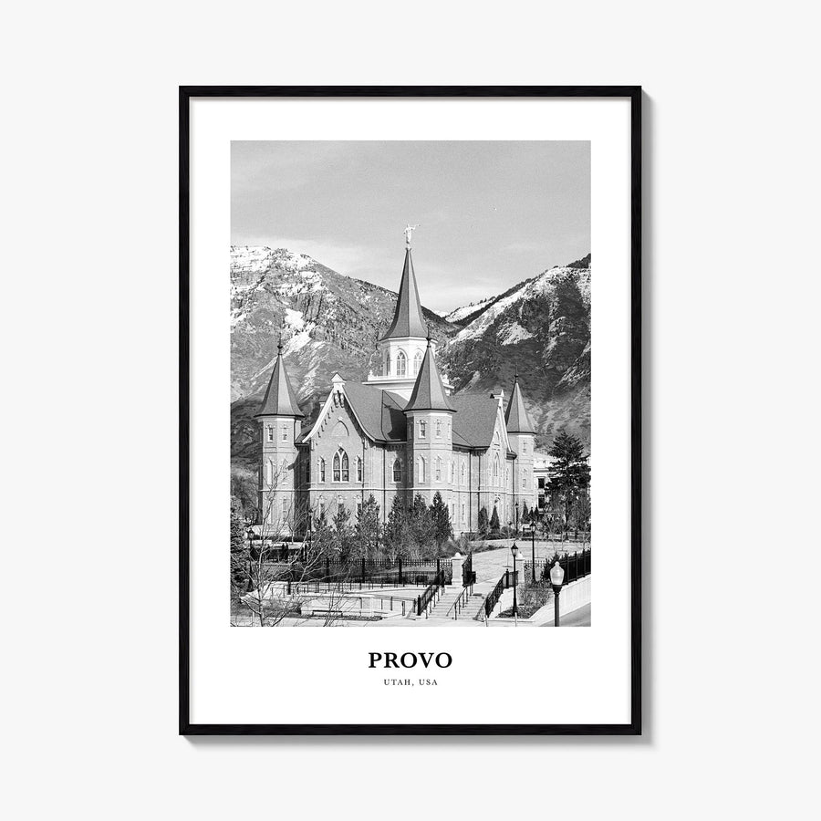 Provo black & white classic poster of Utah, USA – vertical wall art, unframed print shown in interior mockup