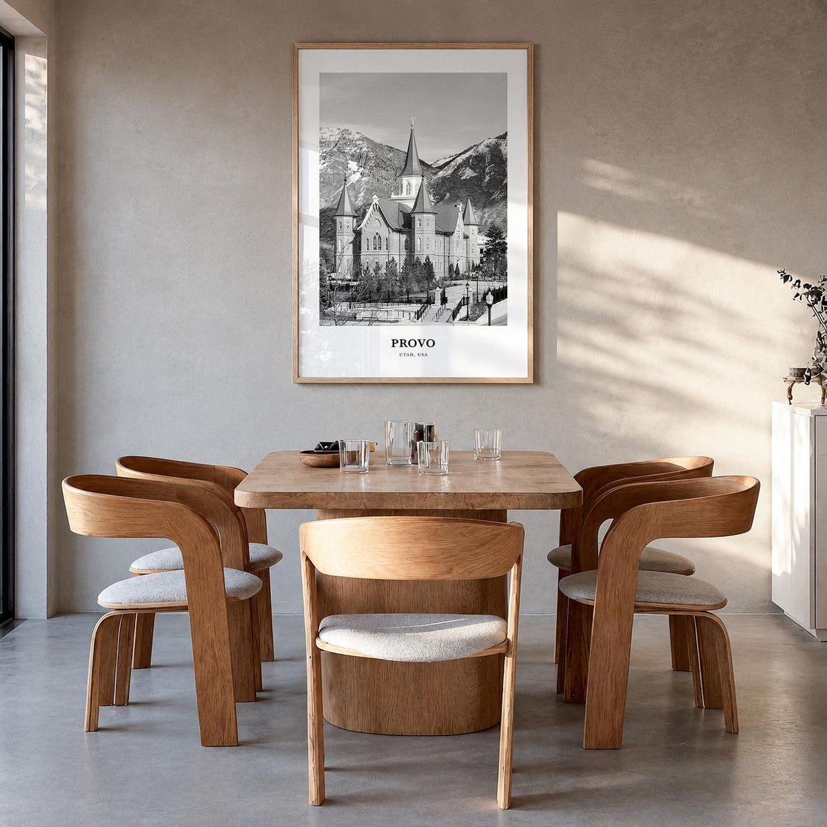 Provo black & white classic poster of Utah, USA – vertical wall art in natural wood frame, hanging on wall
