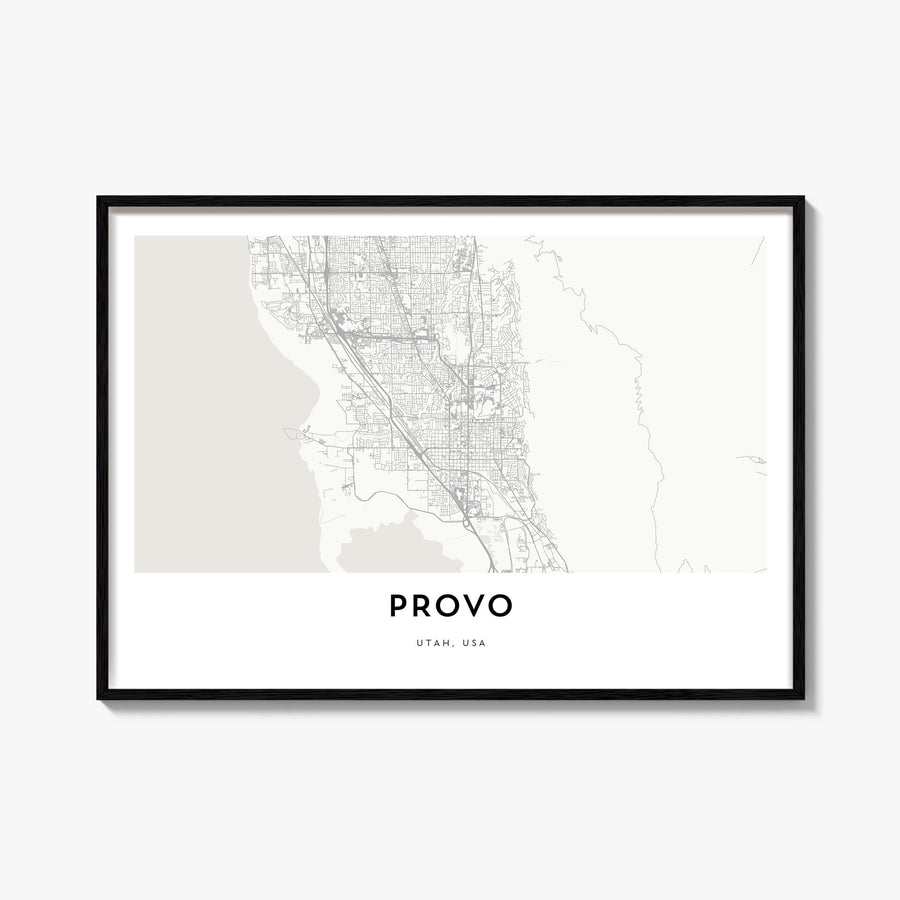 Provo black & white map poster of Utah, USA – horizontal wall art, unframed print shown in interior mockup