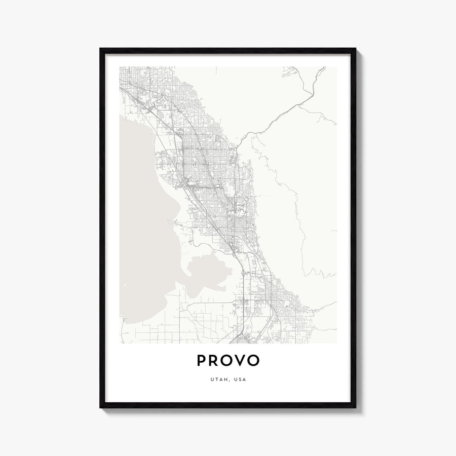 Provo black & white map poster of Utah, USA – vertical wall art, unframed print shown in interior mockup