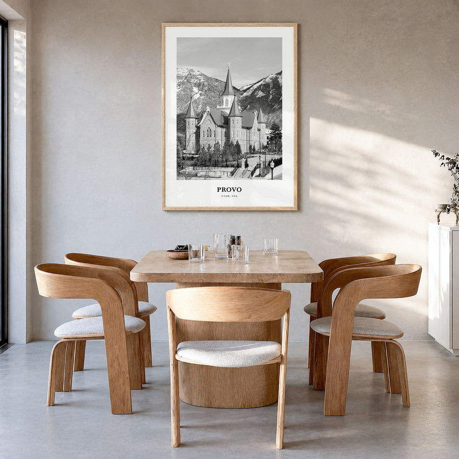 Provo Classic Poster in a natural wood frame, hanging in a dining room