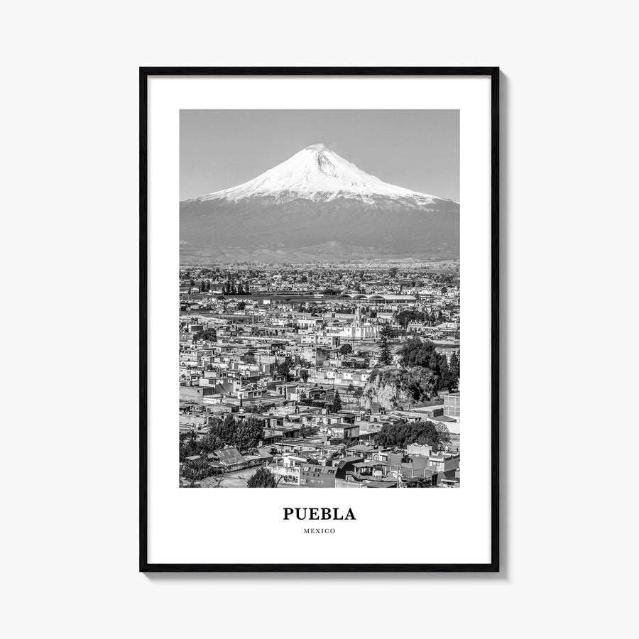 Puebla black & white classic poster of Mexico – vertical wall art, unframed print shown in interior mockup