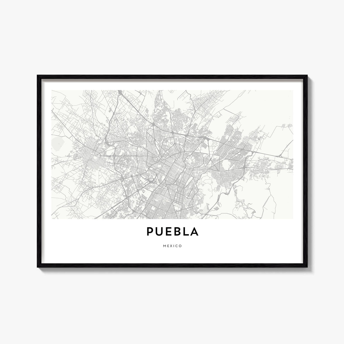 Puebla black & white map poster of Mexico – horizontal wall art, unframed print shown in interior mockup