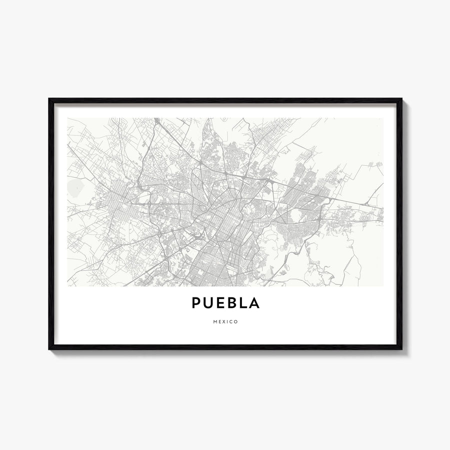 Puebla black & white map poster of Mexico – horizontal wall art, unframed print shown in interior mockup