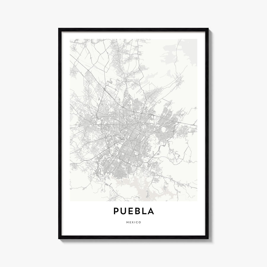 Puebla black & white map poster of Mexico – vertical wall art, unframed print shown in interior mockup
