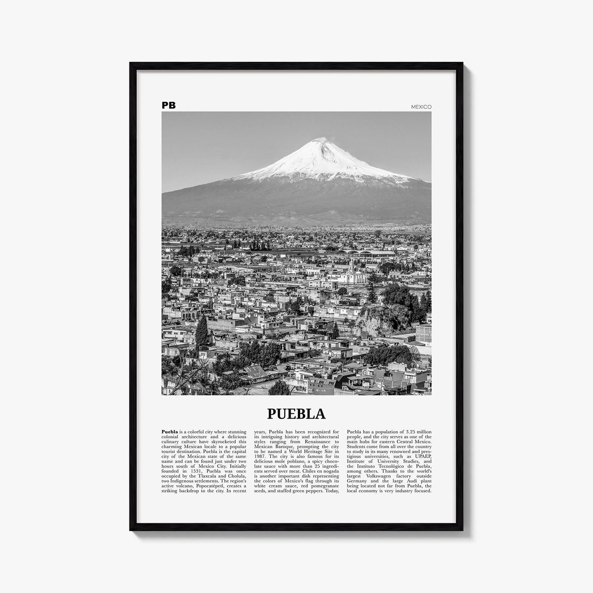 Puebla black & white newspaper poster of Mexico – vertical wall art, unframed print shown in interior mockup