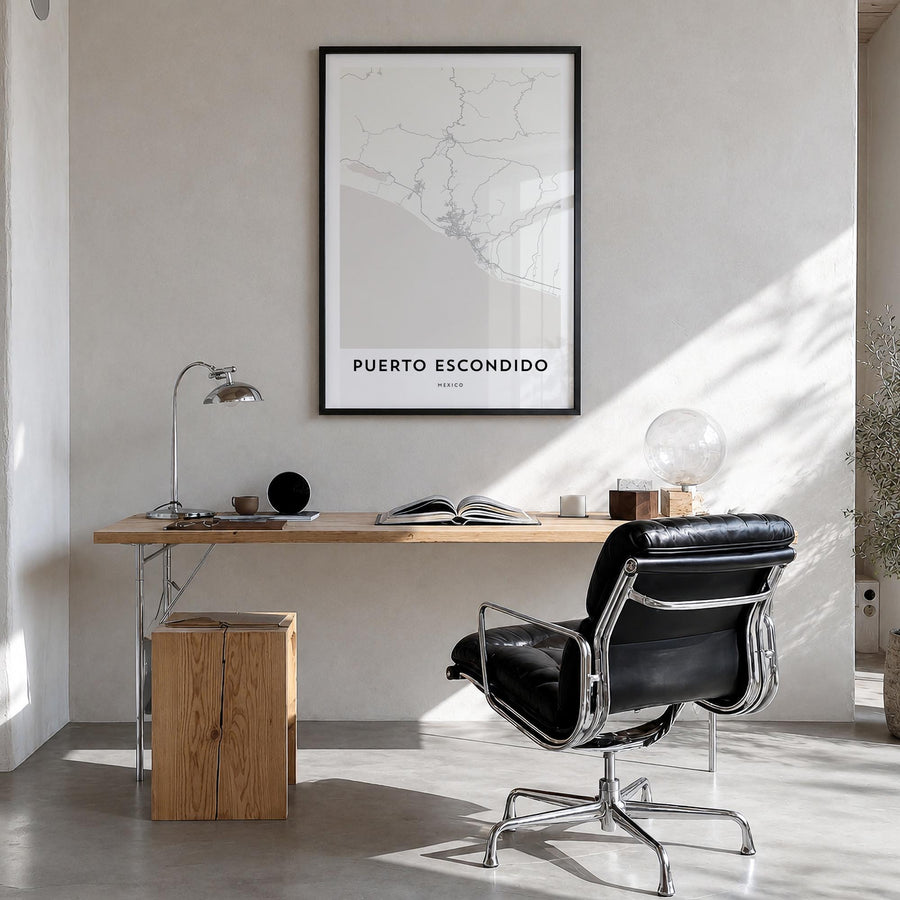 Puerto Escondido black & white map poster of Mexico – vertical wall art in black wood frame, hanging on wall