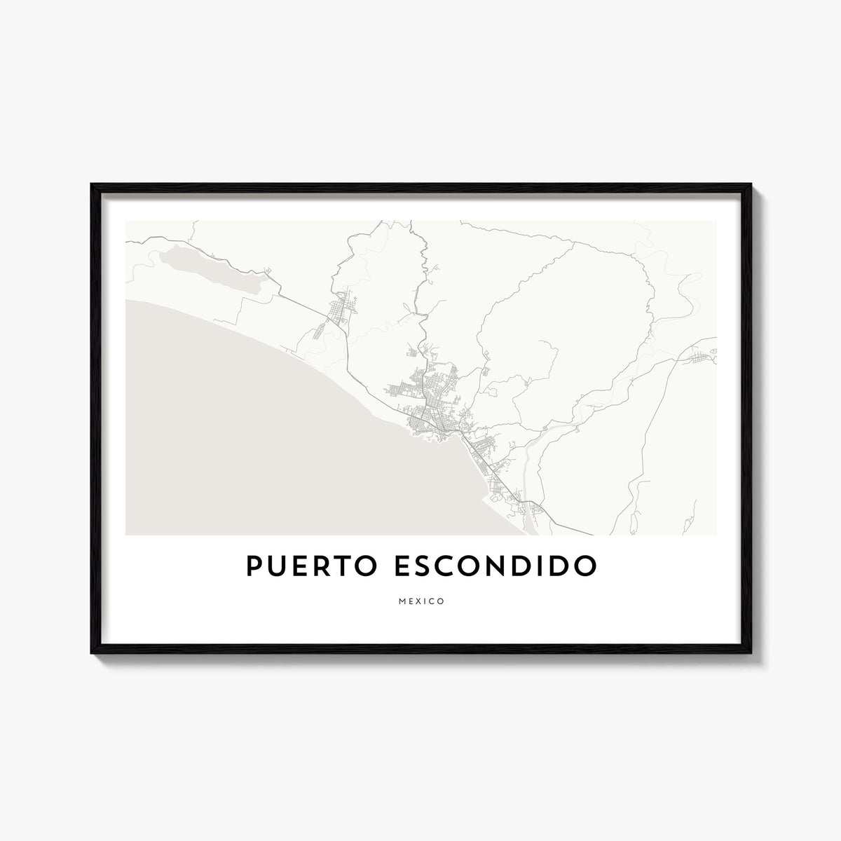 Puerto Escondido black & white map poster of Mexico – horizontal wall art, unframed print shown in interior mockup