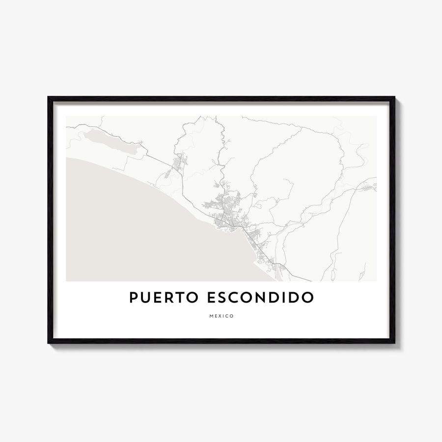Puerto Escondido black & white map poster of Mexico – horizontal wall art, unframed print shown in interior mockup
