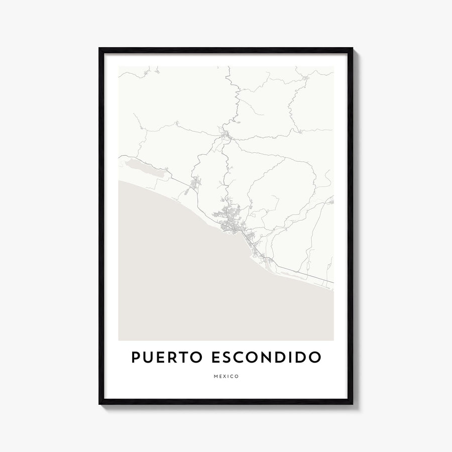 Puerto Escondido black & white map poster of Mexico – vertical wall art, unframed print shown in interior mockup