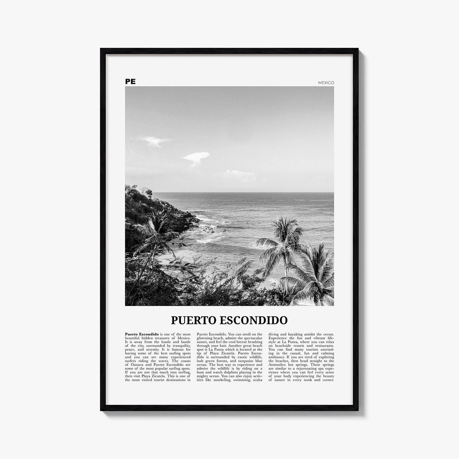 Puerto Escondido black & white newspaper poster of Mexico – vertical wall art, unframed print shown in interior mockup