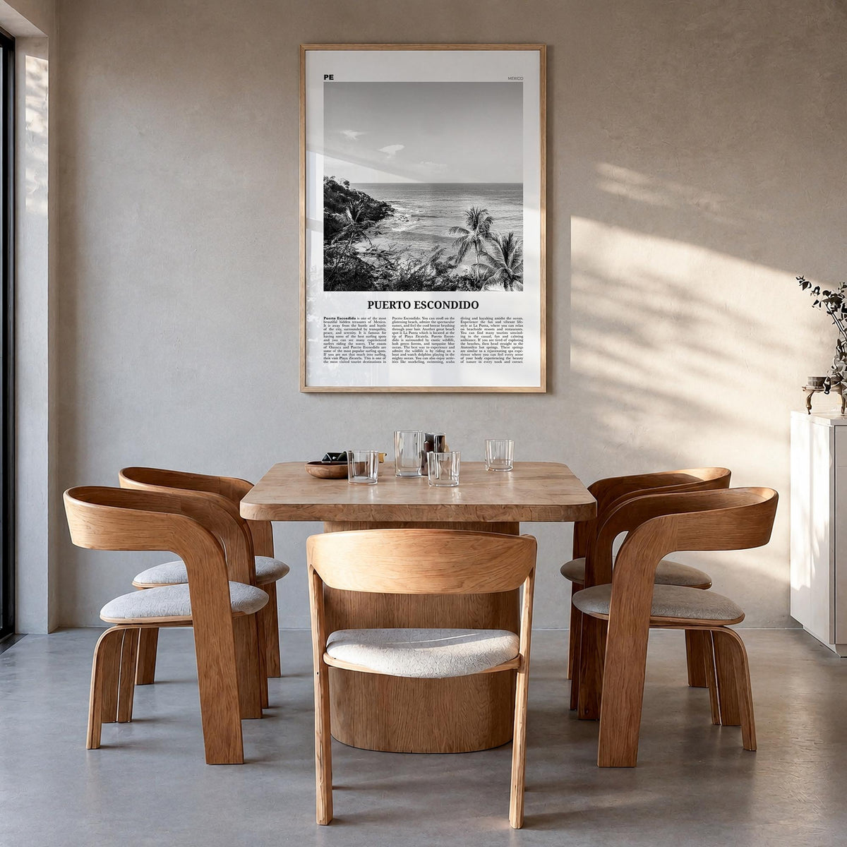 Puerto Escondido black & white newspaper poster of Mexico – vertical wall art in natural wood frame, hanging on wall