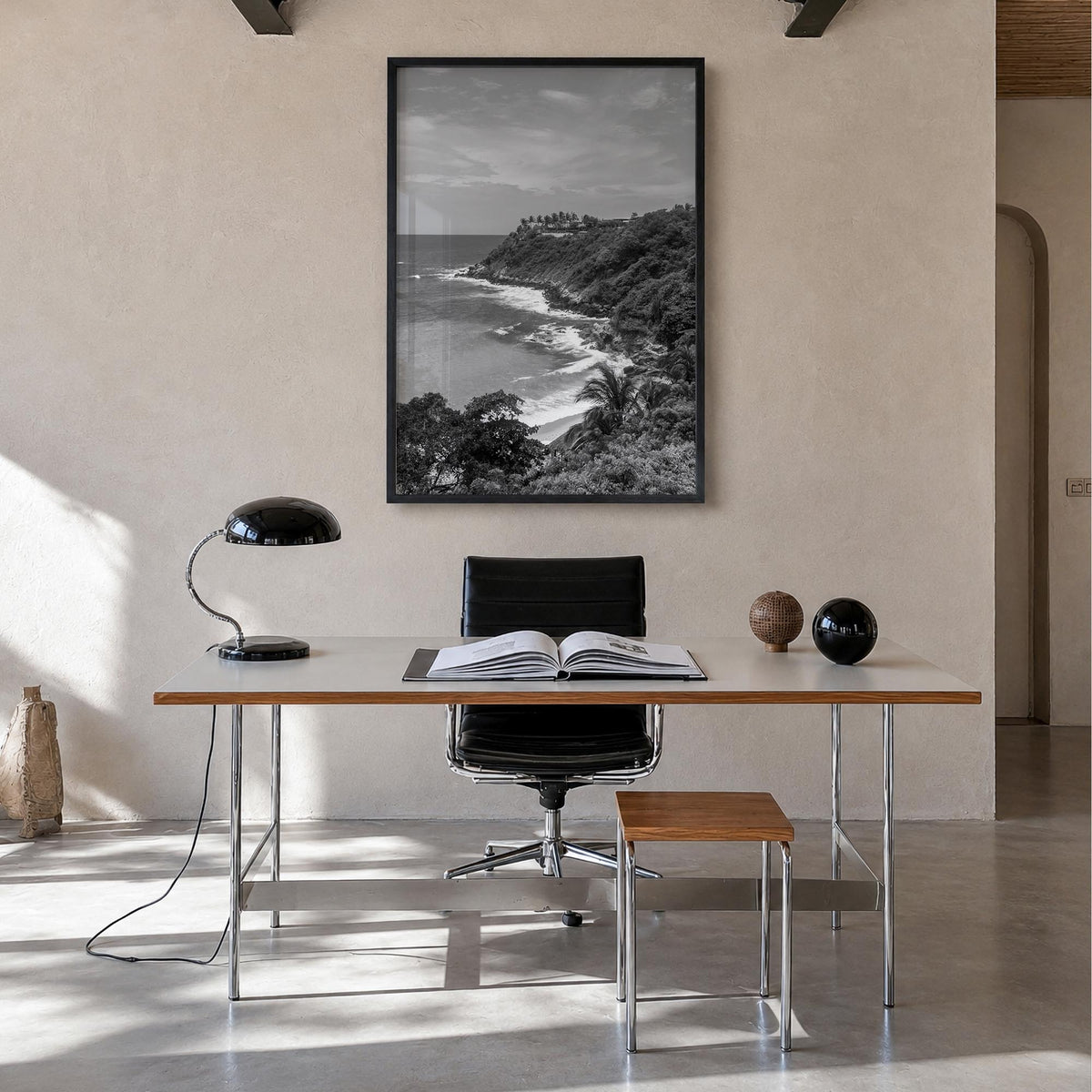 Puerto Escondido black & white photo poster of Mexico – vertical wall art in black wood frame, hanging on wall