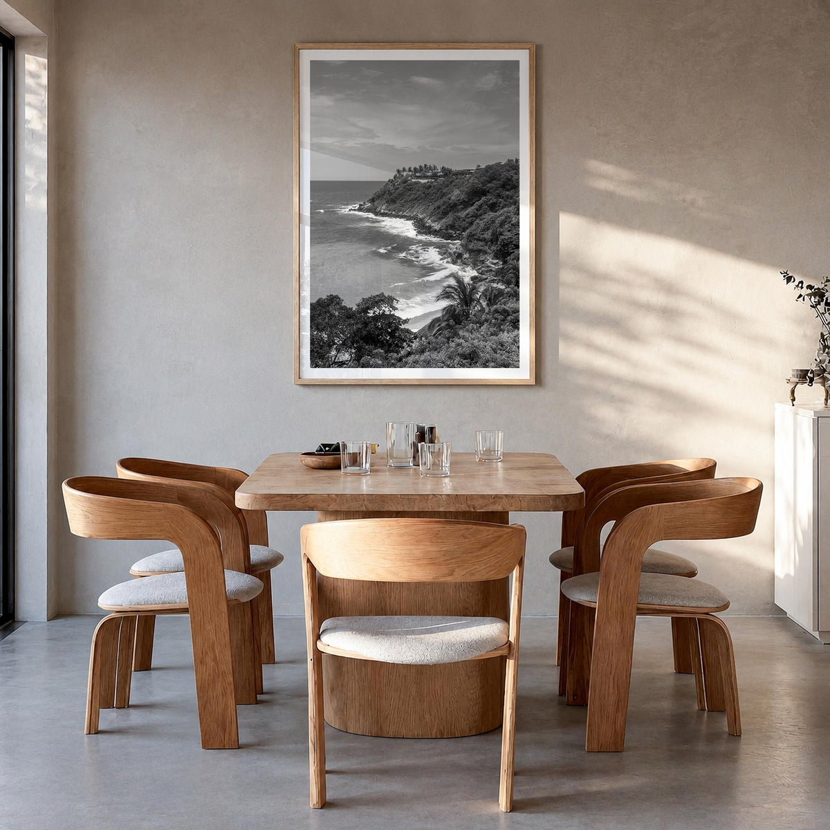 Puerto Escondido black & white photo poster of Mexico – vertical wall art in natural wood frame with white border, hanging on