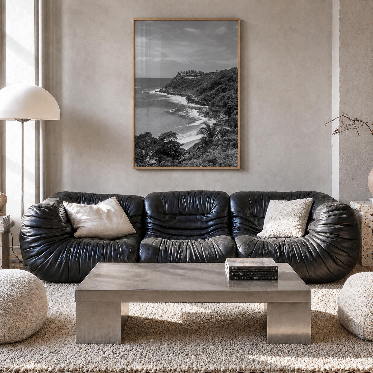 Puerto Escondido black & white photo poster of Mexico – vertical wall art in natural wood frame, hanging on wall