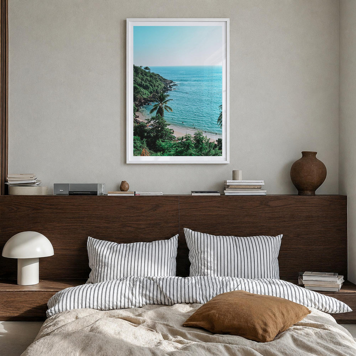 Puerto Escondido colorful photo poster of Mexico – vertical wall art in white wood frame with white border, hanging on wall