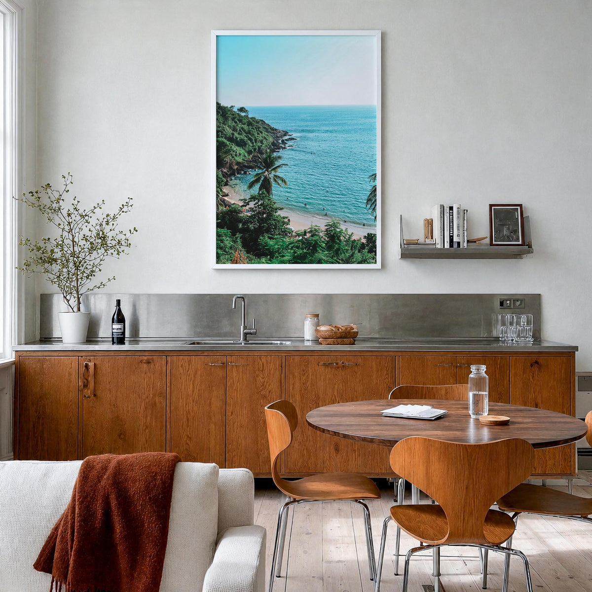 Puerto Escondido colorful photo poster of Mexico – vertical wall art in white wood frame, hanging on wall