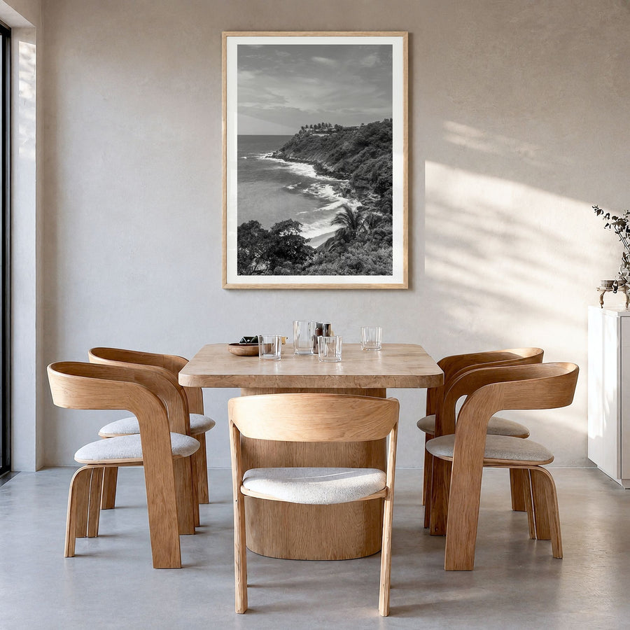 Puerto Escondido Photo Poster in a natural wood frame, hanging in a dining room, white border