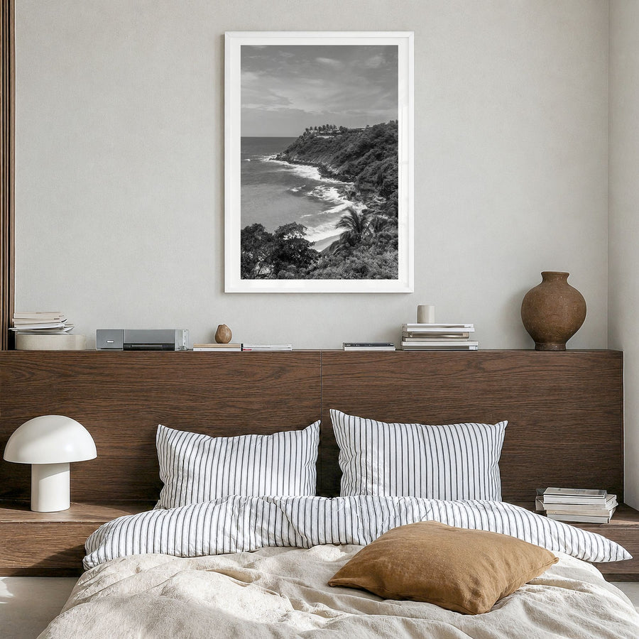 Puerto Escondido Photo Poster in a white wood frame, hanging in a bedroom, white border