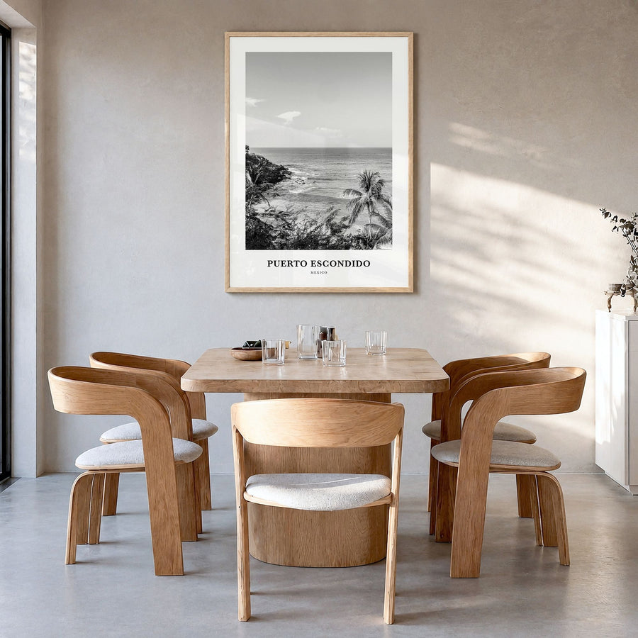Puerto Escondido Classic Poster in a natural wood frame, hanging in a dining room
