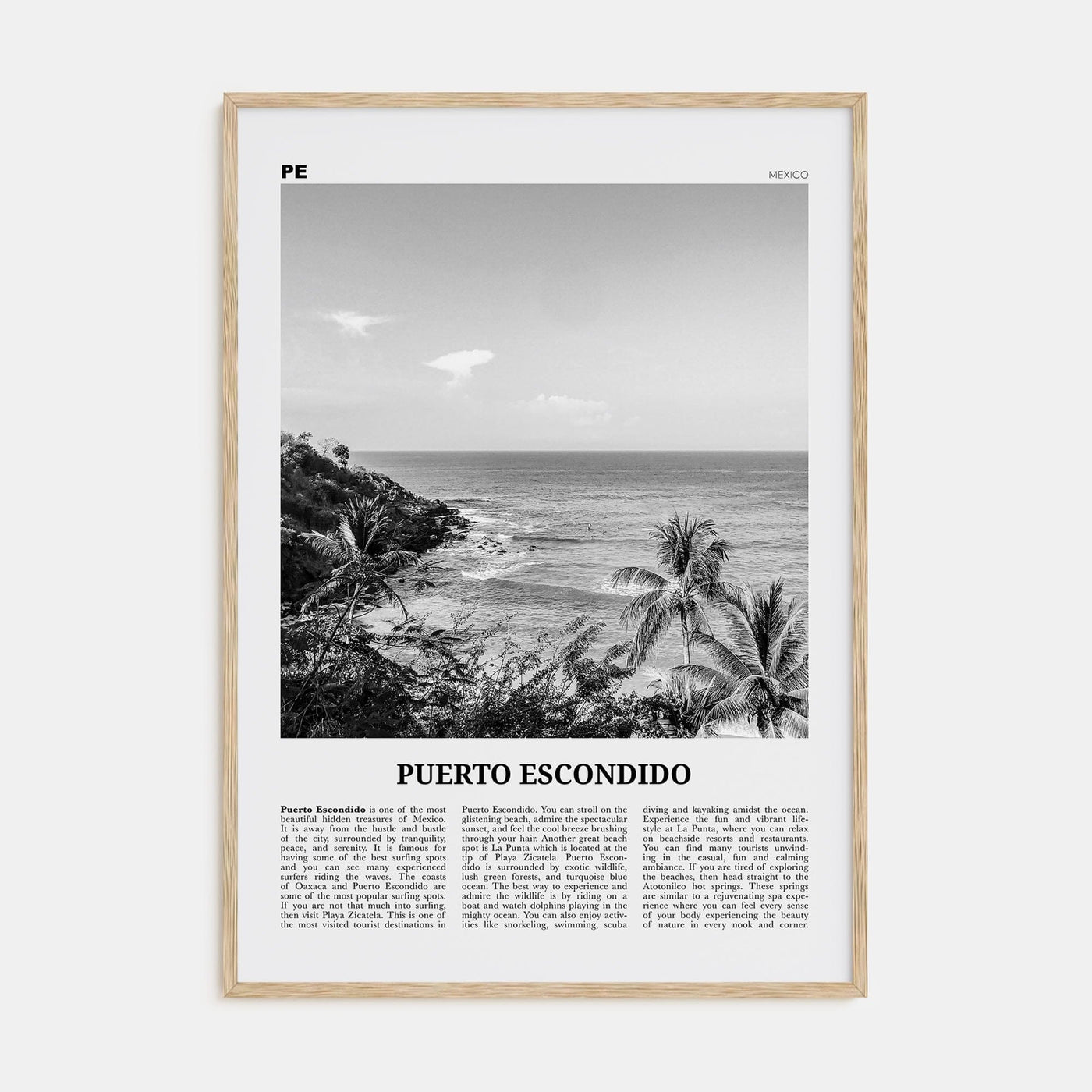 Puerto Escondido Poster Natural Wood / 8x12 in Nbourhood Travel B&W Poster