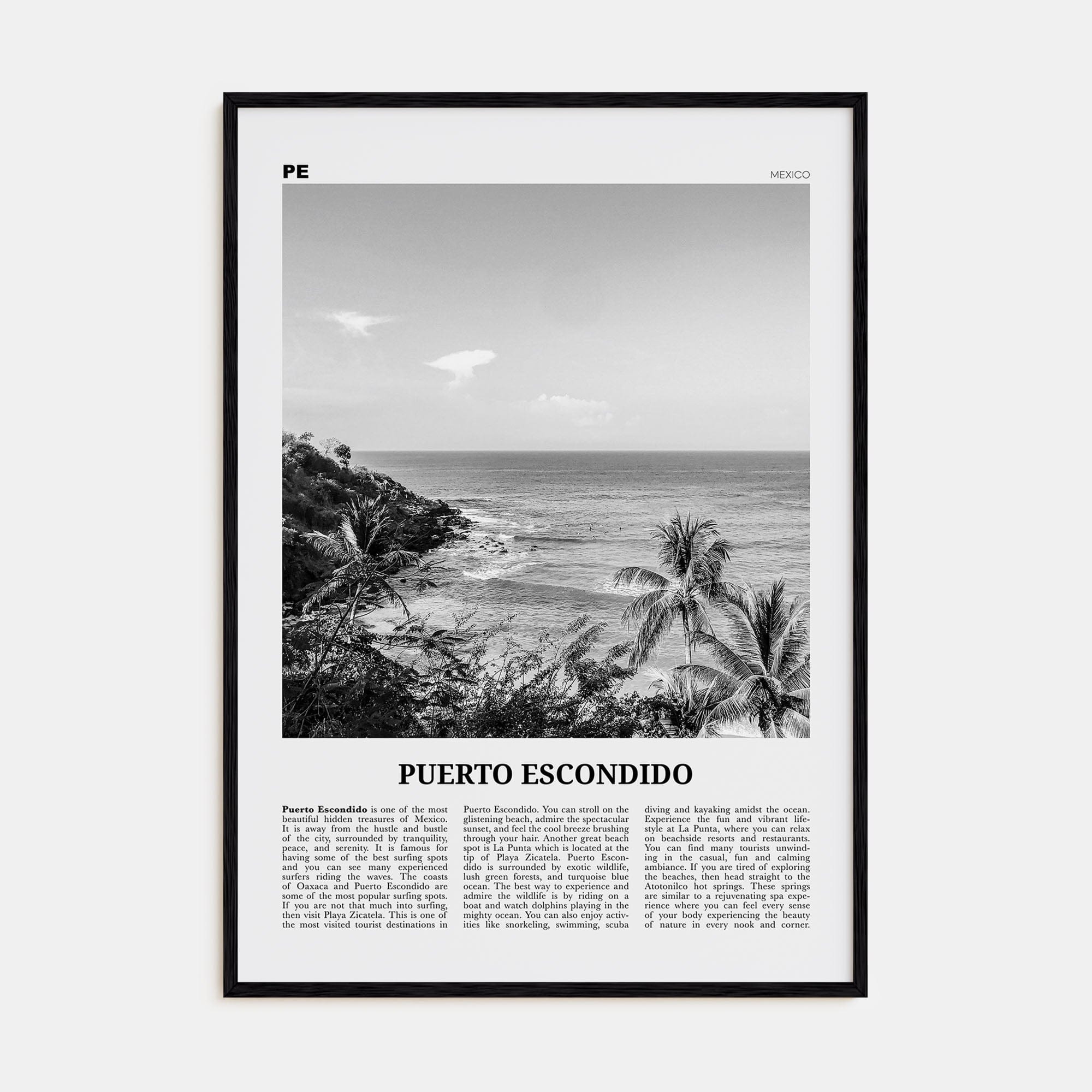 Puerto Escondido Poster Black Wood / 8x12 in Nbourhood Travel B&W Poster