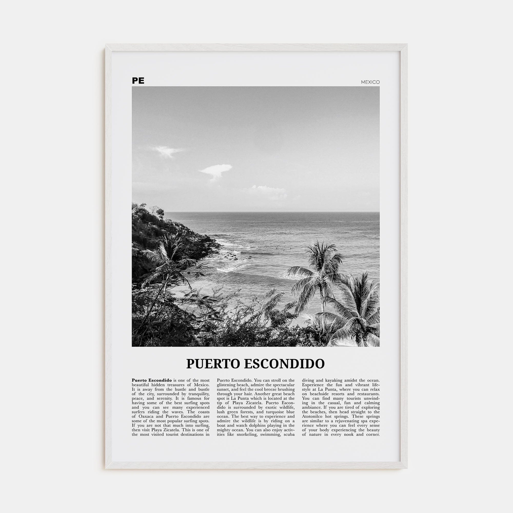 Puerto Escondido Poster White Wood / 8x12 in Nbourhood Travel B&W Poster