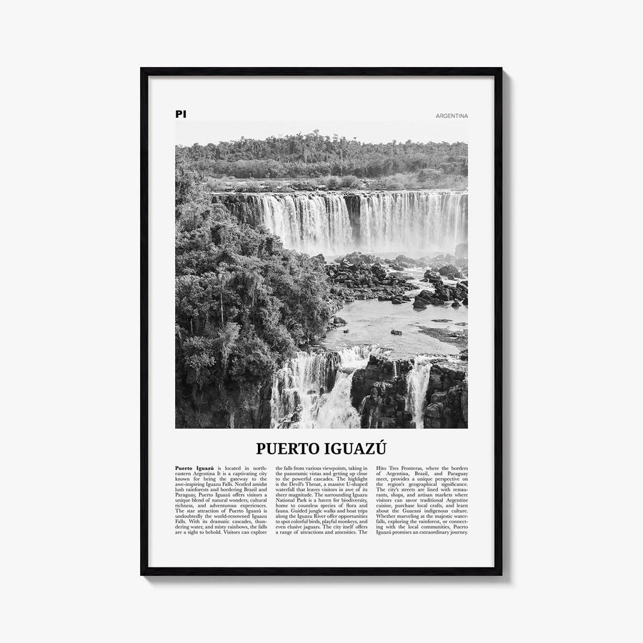 Puerto Iguazú black & white newspaper poster of Argentina – vertical wall art, unframed print shown in interior mockup