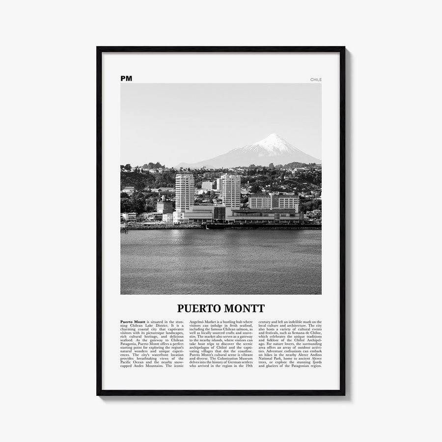 Puerto Montt black & white newspaper poster of Chile – vertical wall art, unframed print shown in interior mockup