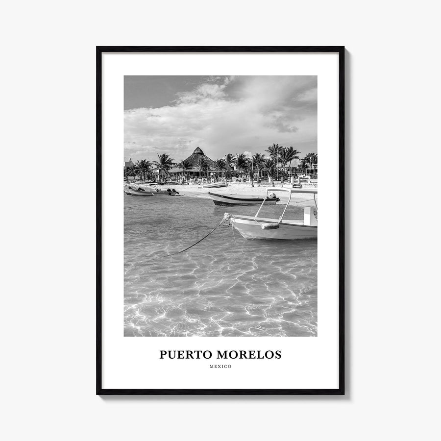 Puerto Morelos black & white classic poster of Mexico – vertical wall art, unframed print shown in interior mockup