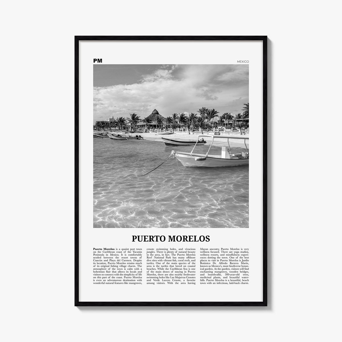 Puerto Morelos black & white newspaper poster of Mexico – vertical wall art, unframed print shown in interior mockup