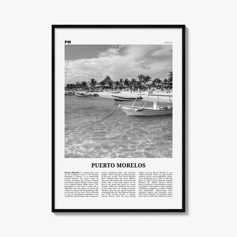 Puerto Morelos black & white newspaper poster of Mexico – vertical wall art, unframed print shown in interior mockup