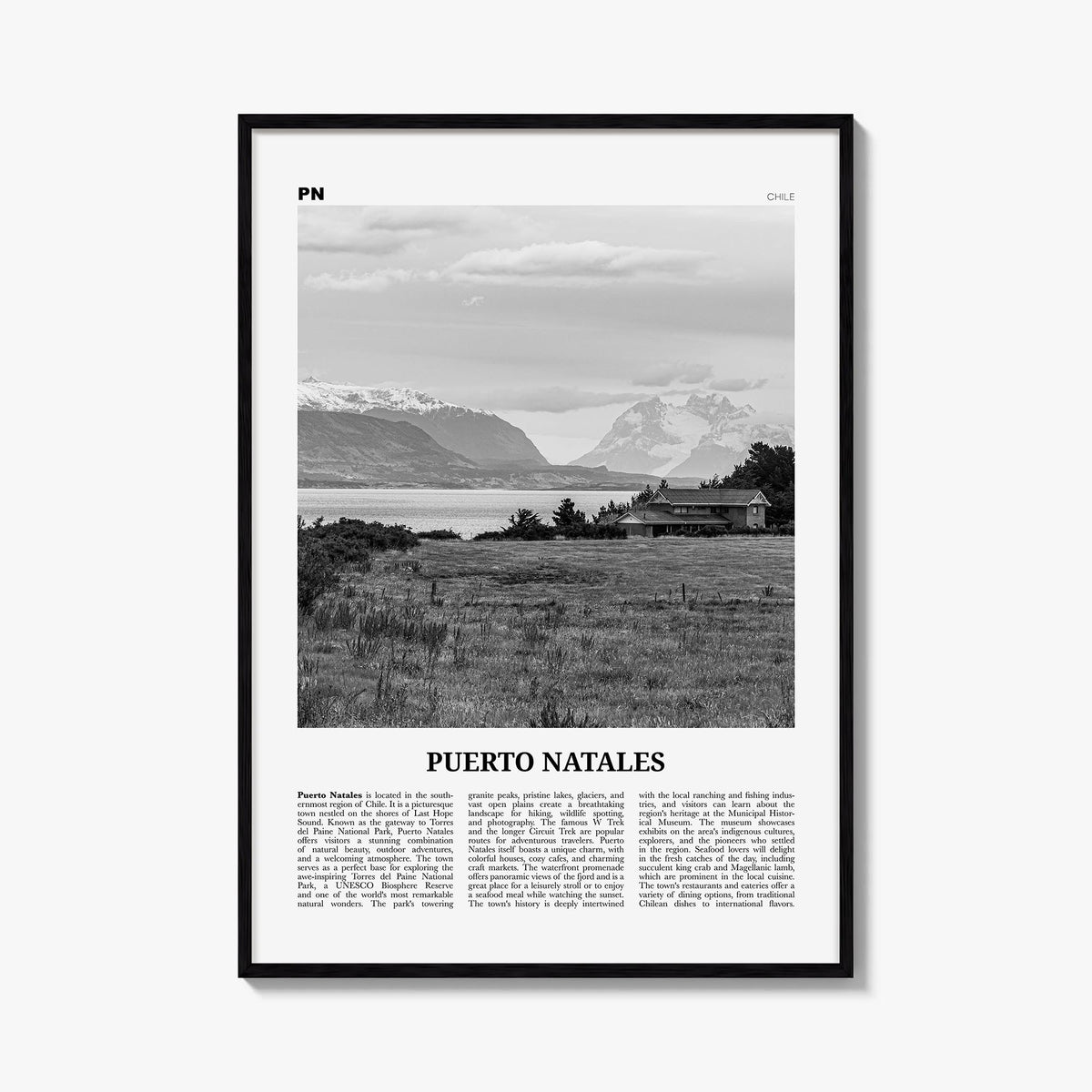 Puerto Natales black & white newspaper poster of Chile – vertical wall art, unframed print shown in interior mockup