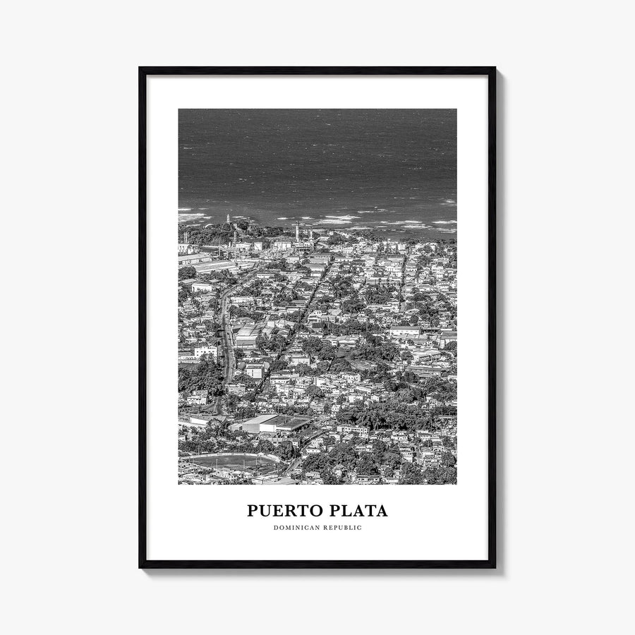 Puerto Plata black & white classic poster of Dominican Republic – vertical wall art, unframed print shown in interior mockup