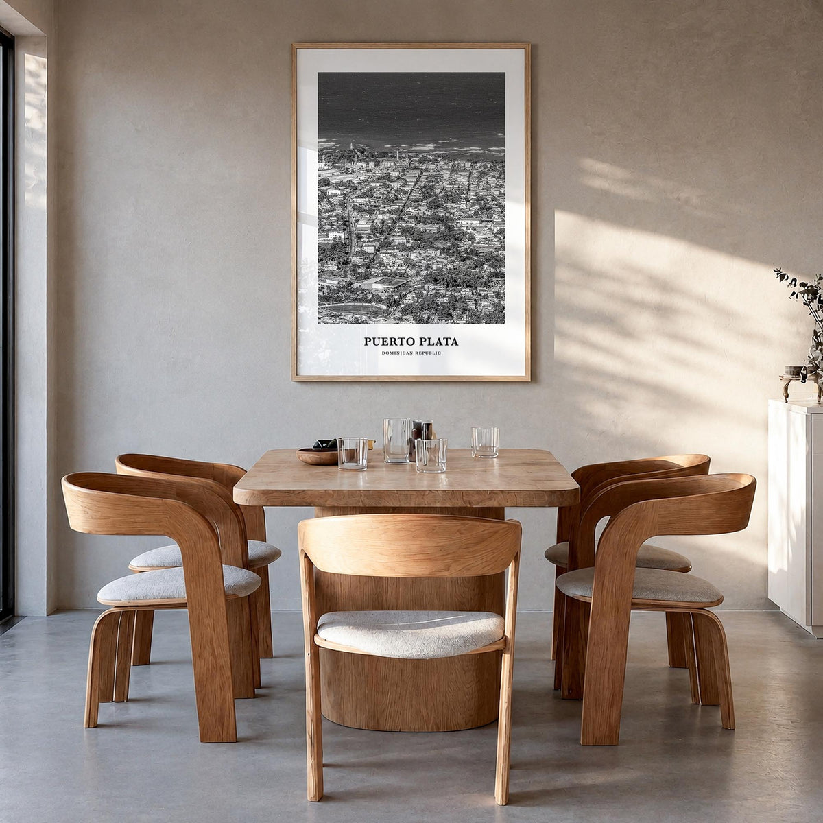 Puerto Plata black & white classic poster of Dominican Republic – vertical wall art in natural wood frame, hanging on wall