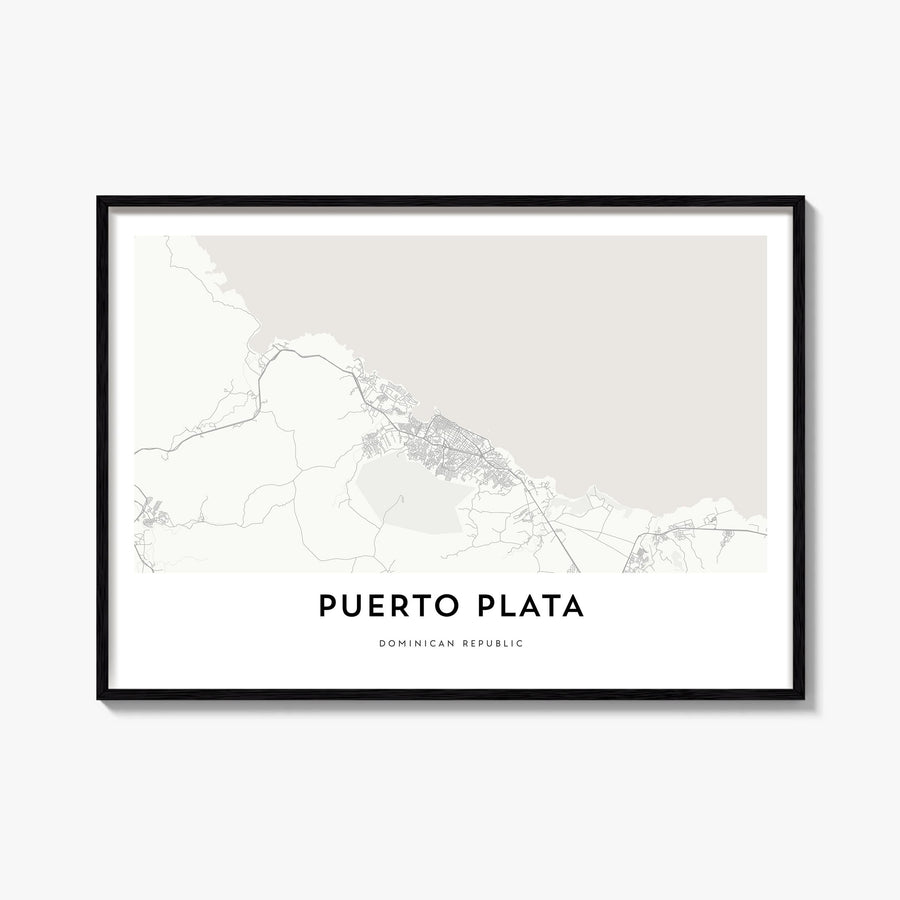 Puerto Plata black & white map poster of Dominican Republic – horizontal wall art, unframed print shown in interior mockup
