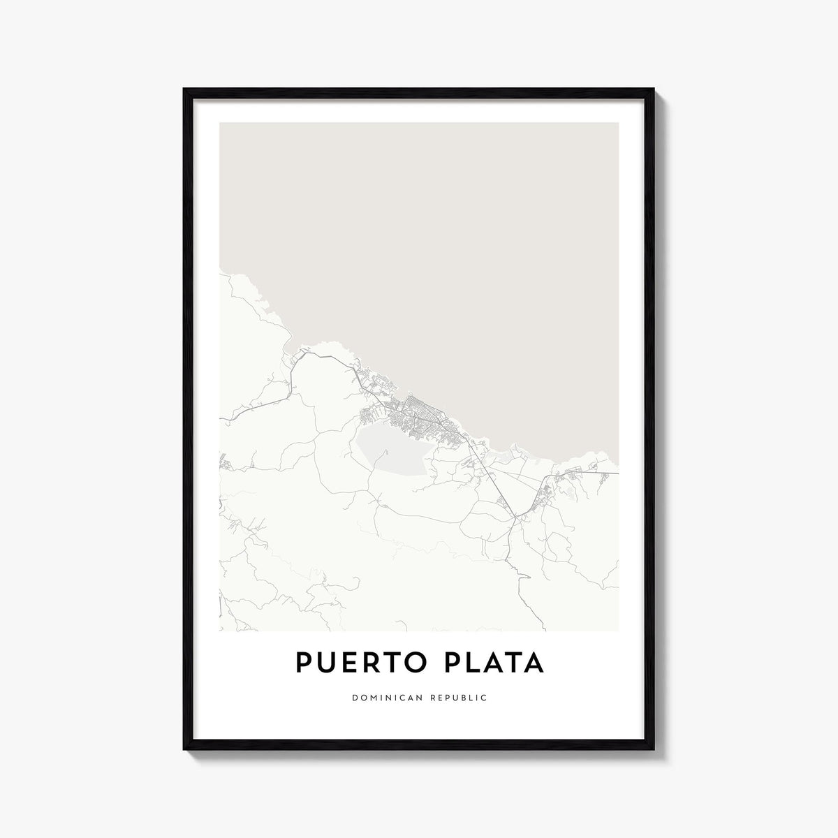 Puerto Plata black & white map poster of Dominican Republic – vertical wall art, unframed print shown in interior mockup