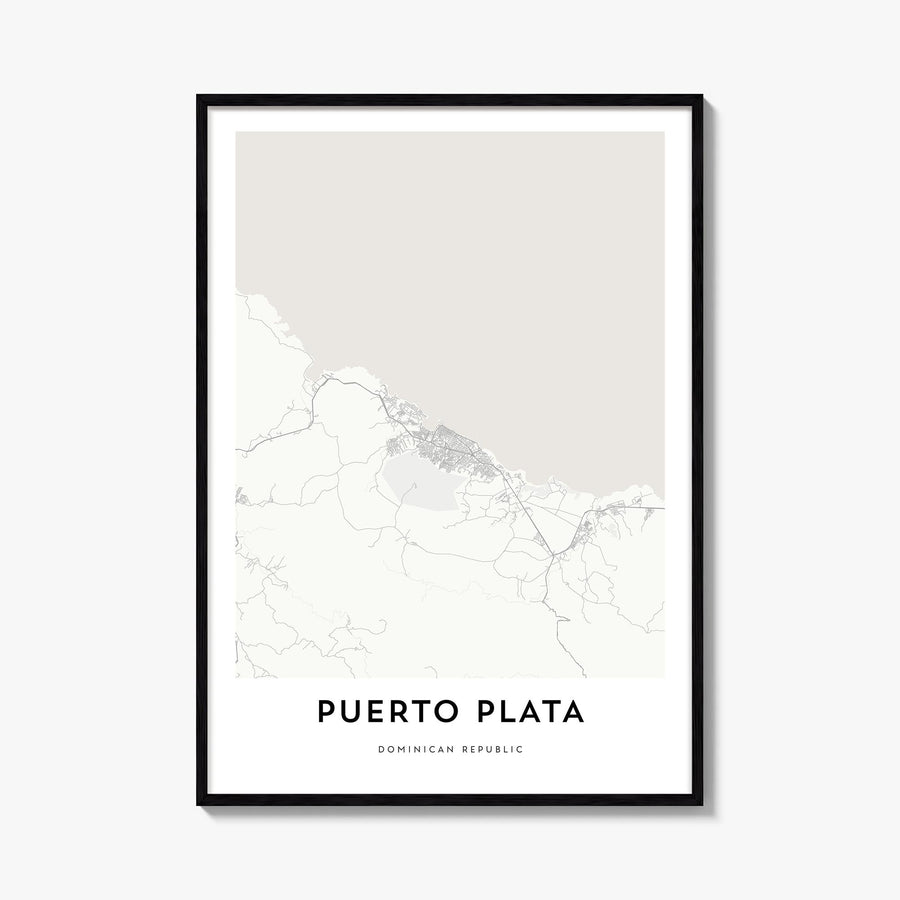 Puerto Plata black & white map poster of Dominican Republic – vertical wall art, unframed print shown in interior mockup