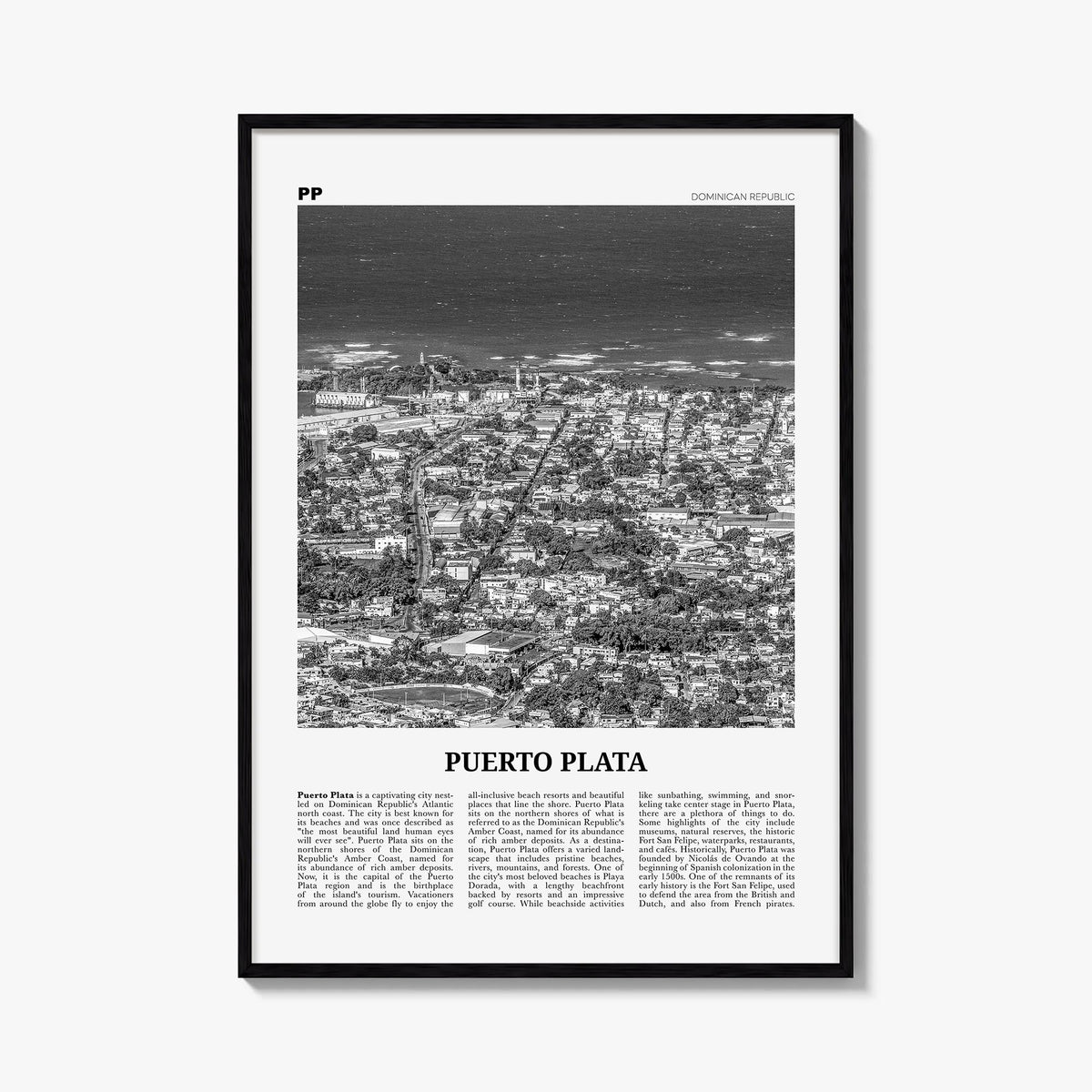 Puerto Plata black & white newspaper poster of Dominican Republic – vertical wall art, unframed print shown in interior mocku