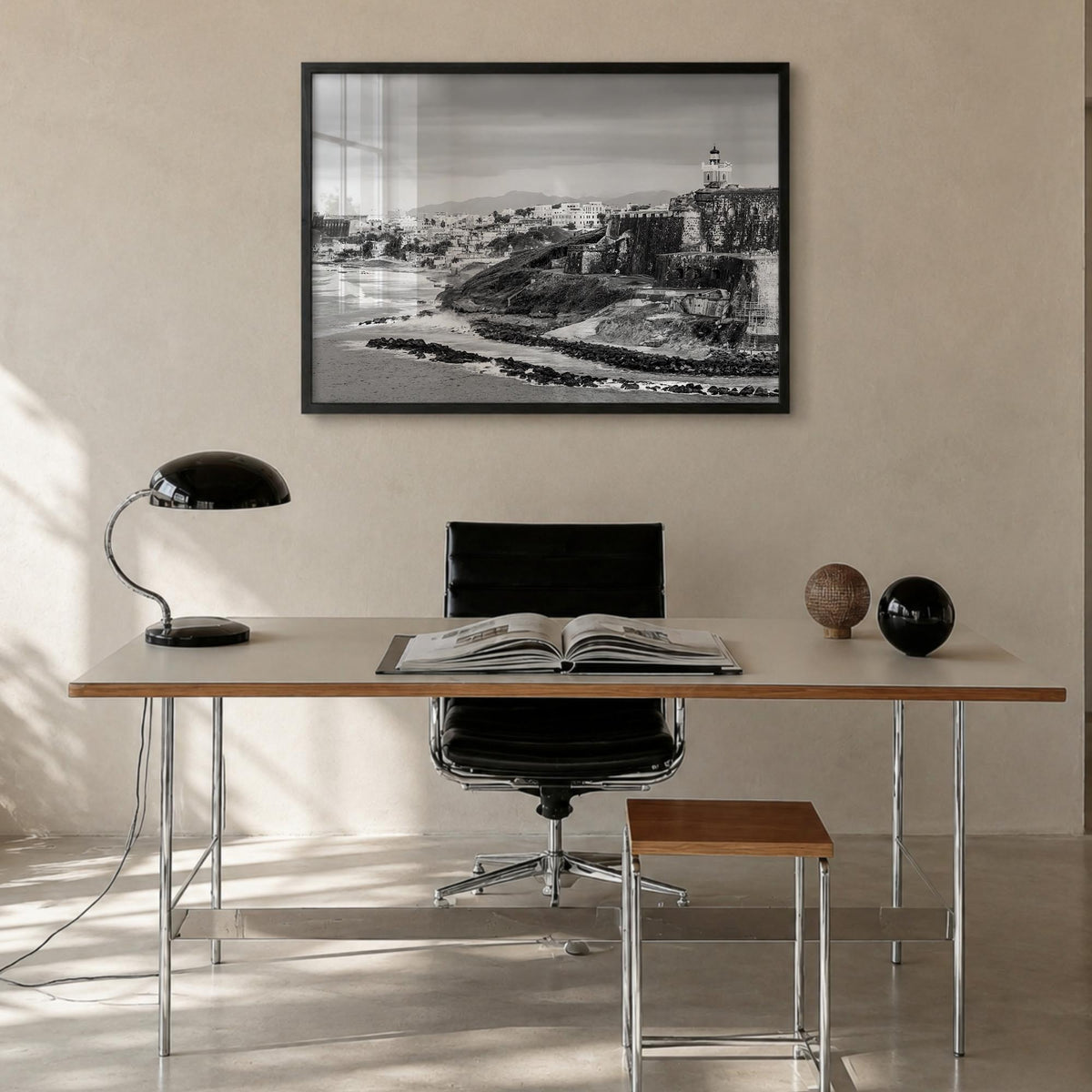 Puerto Rico black & white photo poster of Caribbean – horizontal wall art in black wood frame, hanging on wall