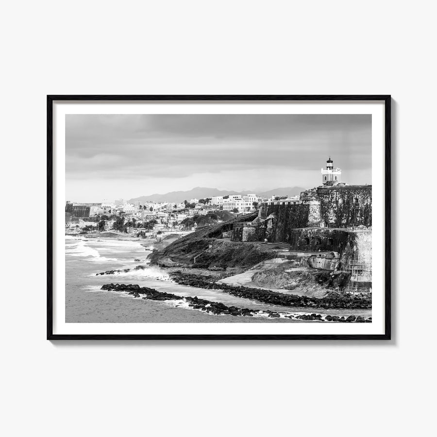 Puerto Rico black & white photo poster of Caribbean – horizontal wall art, unframed print shown in interior mockup